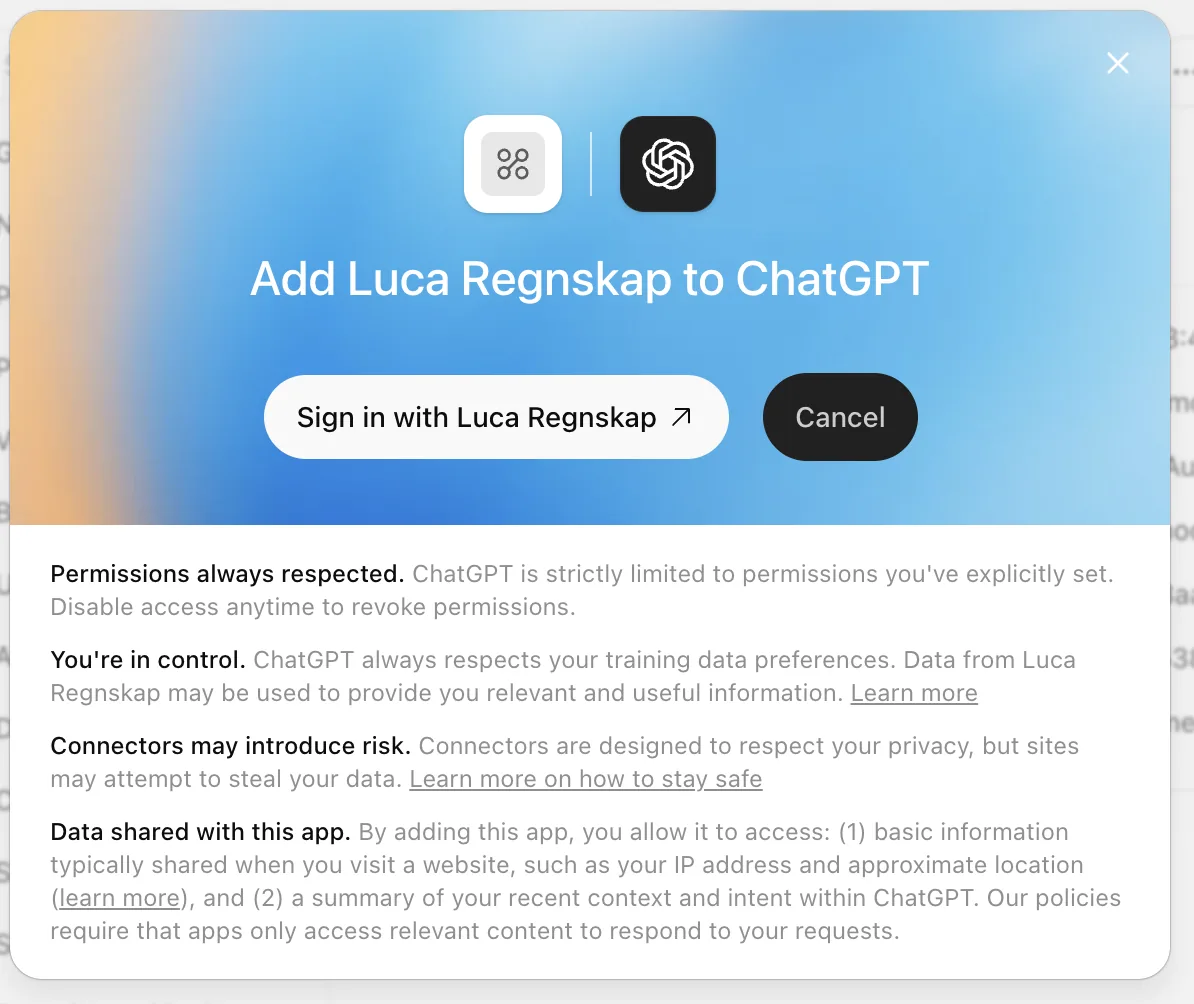 ChatGPT spør om å legge til Luca Regnskap, med knappen Sign in with Luca Regnskap