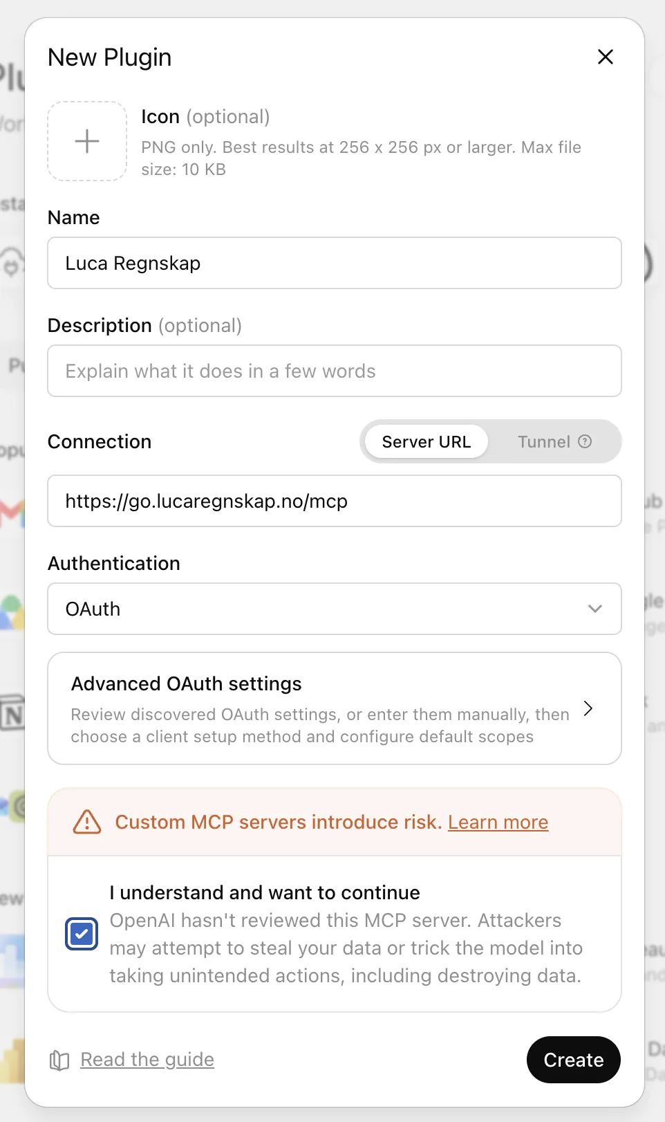 Dialogen New Plugin med navnet Luca Regnskap, adressen til Luca og OAuth valgt