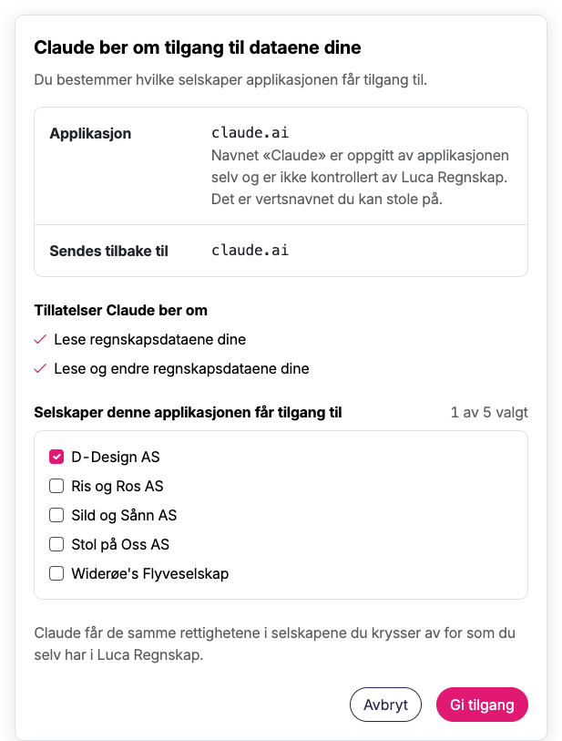 Luca spør om Claude skal få tilgang, med en liste der du krysser av for selskaper