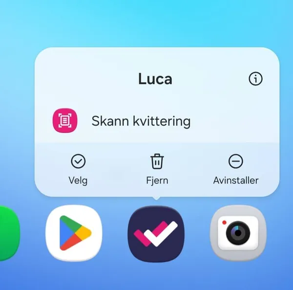 Menyen som vises når du holder fingeren på Luca-ikonet på Android, med snarveien Skann kvittering