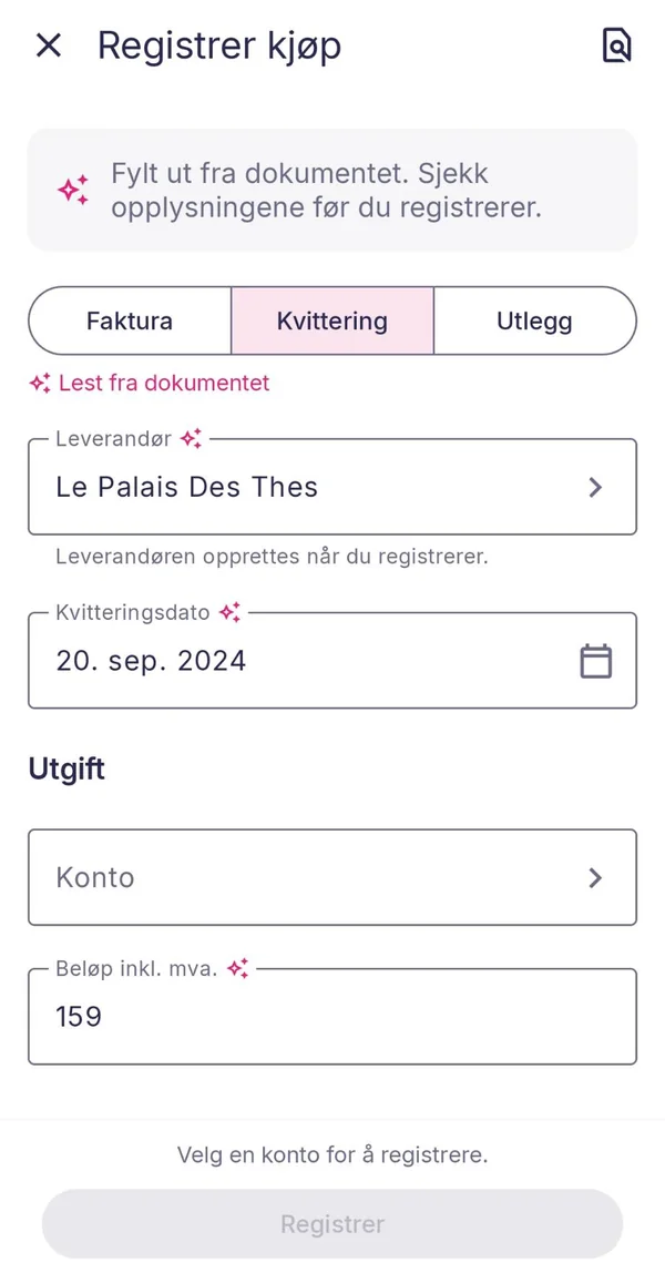 Skjemaet Registrer kjøp i Luca Mobil-appen, fylt ut fra kvitteringen med leverandør, kvitteringsdato og beløp